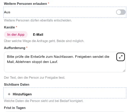 Einstellungen des Bausteins Freigabe in Vectoryon Automations mit Kanälen In der App und E-Mail und dem Text der Aufforderung